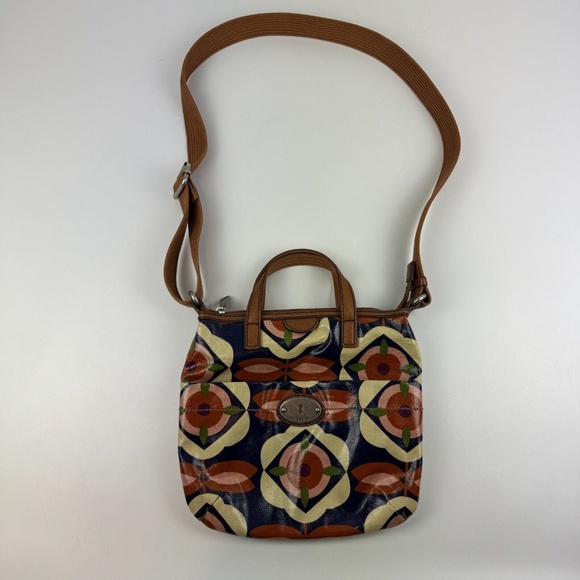 Fossil Key-Per Crossbody Bag Purse Coated Canvas Geometric Floral Design *Read - Picture 1 of 10